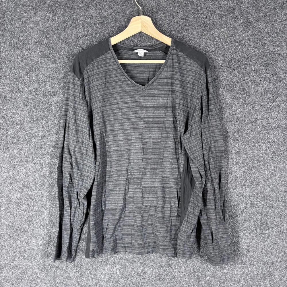 Calvin Klein T-Shirt Men XL Gray Striped V-Neck Long Sleeve Cotton Pullover